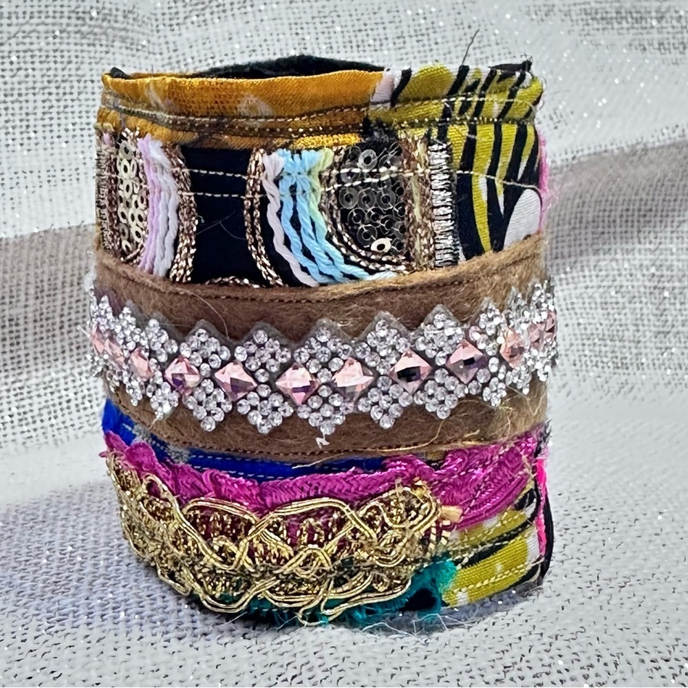 RUBYRUDI Cuff Bracelet Handcrafted OOAK Fabric Embellished Artisan Wearable Art